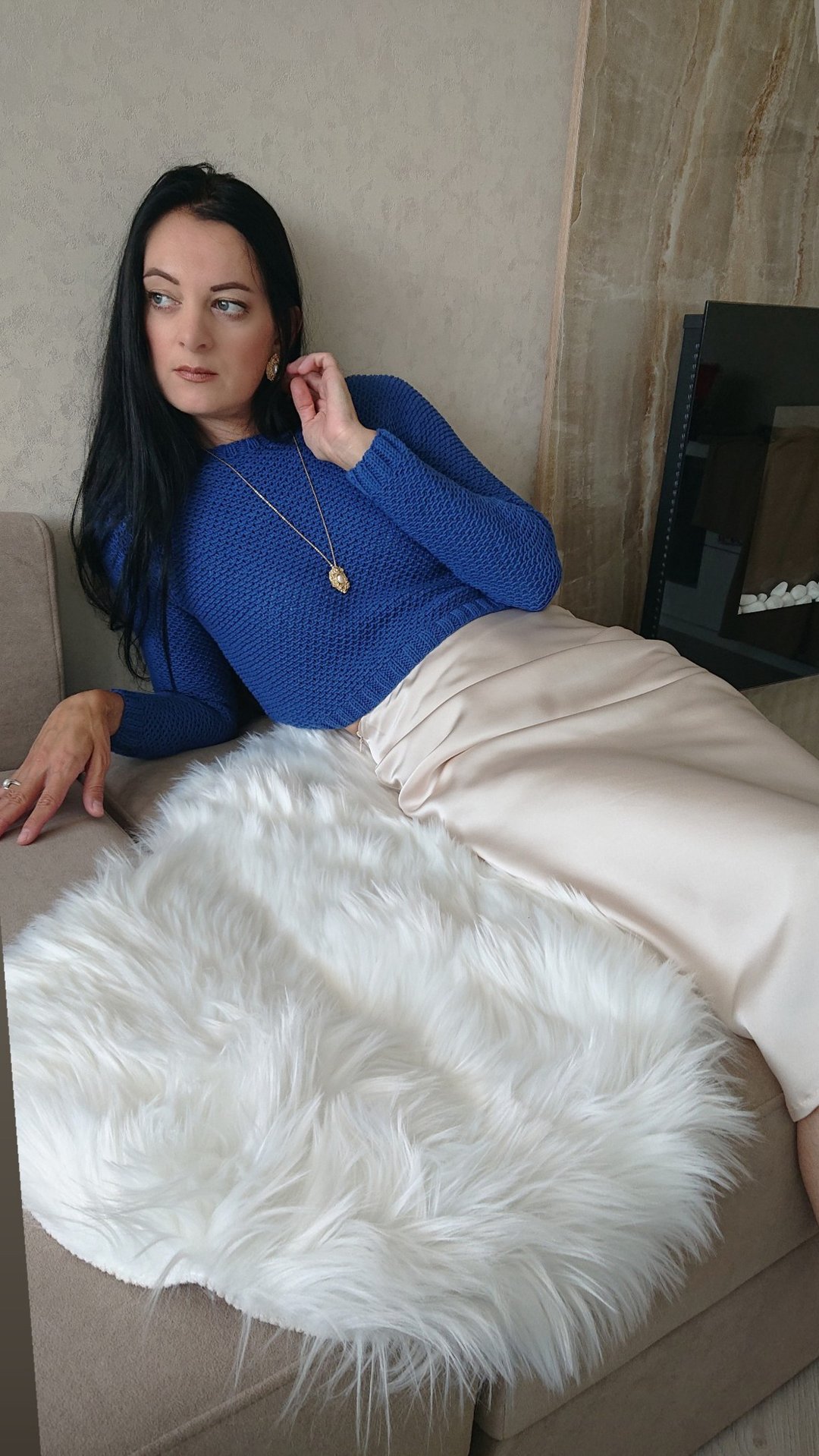 长袖短版毛衣 纯棉针织衫 纹理毛衣 蓝色套头衫 - 女装上衣 - 棉 