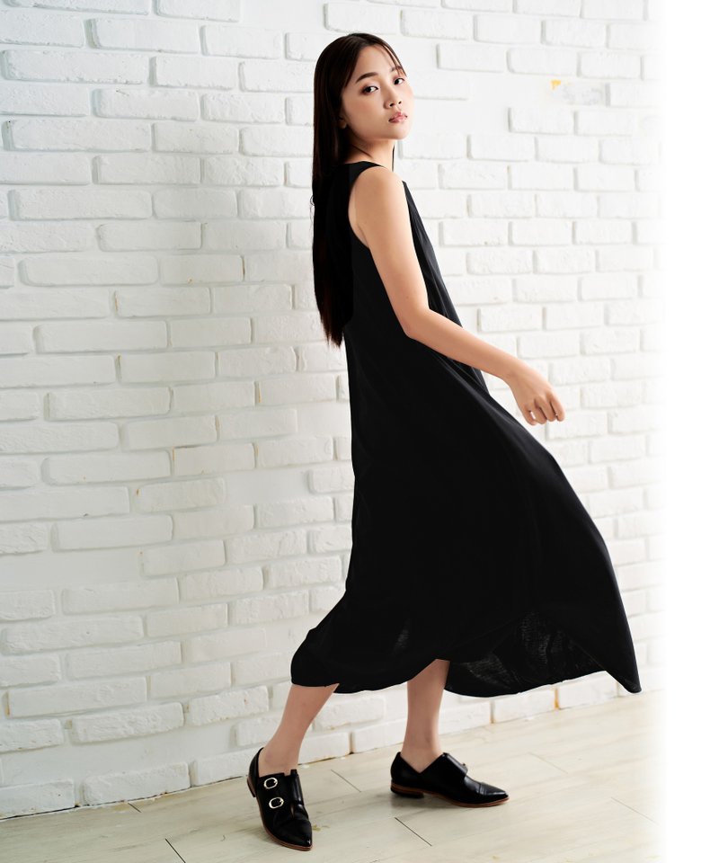 过膝垂坠长洋装-黑色精梳纯棉 - 洋装/连衣裙 - 棉．麻 黑色