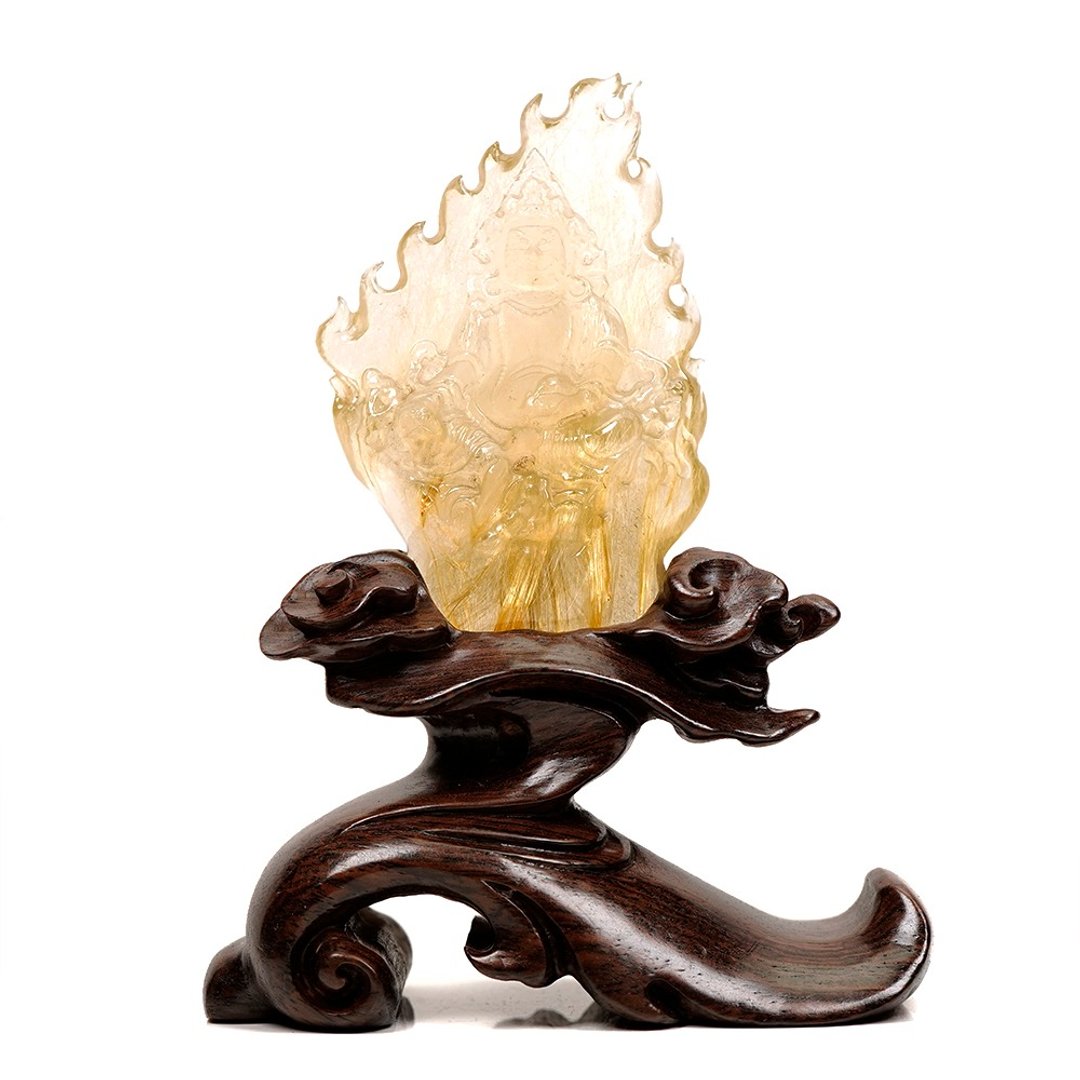 【正佳珠宝】金发晶 顶级维纳斯发晶 黄财神雕刻摆件 金发晶摆件 - 其他 - 半宝石 多色