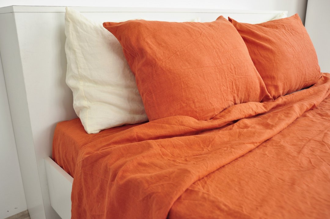 Burnt orange linen flat sheet/Linen bedsheet/Softened stonewashed linen sheet - 寝具 - 亚麻 橘色