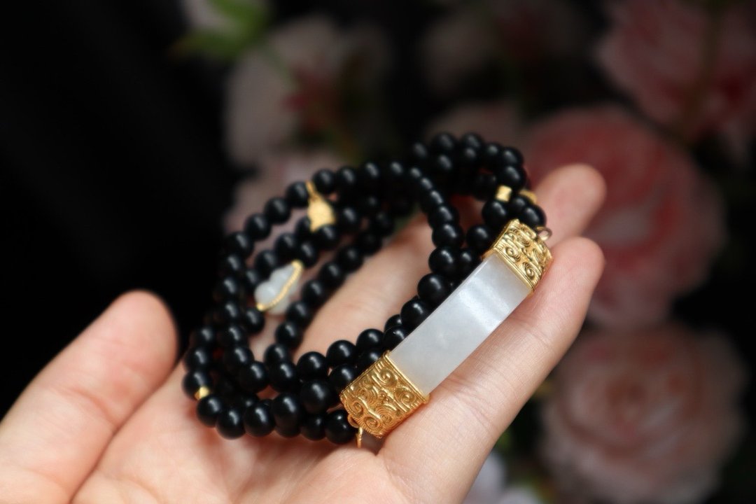 6mm天然和田玉 /和阗玉原矿墨玉 古法银白玉手牌 白玉葫芦多圈手 - 手链/手环 - 玉石 黑色