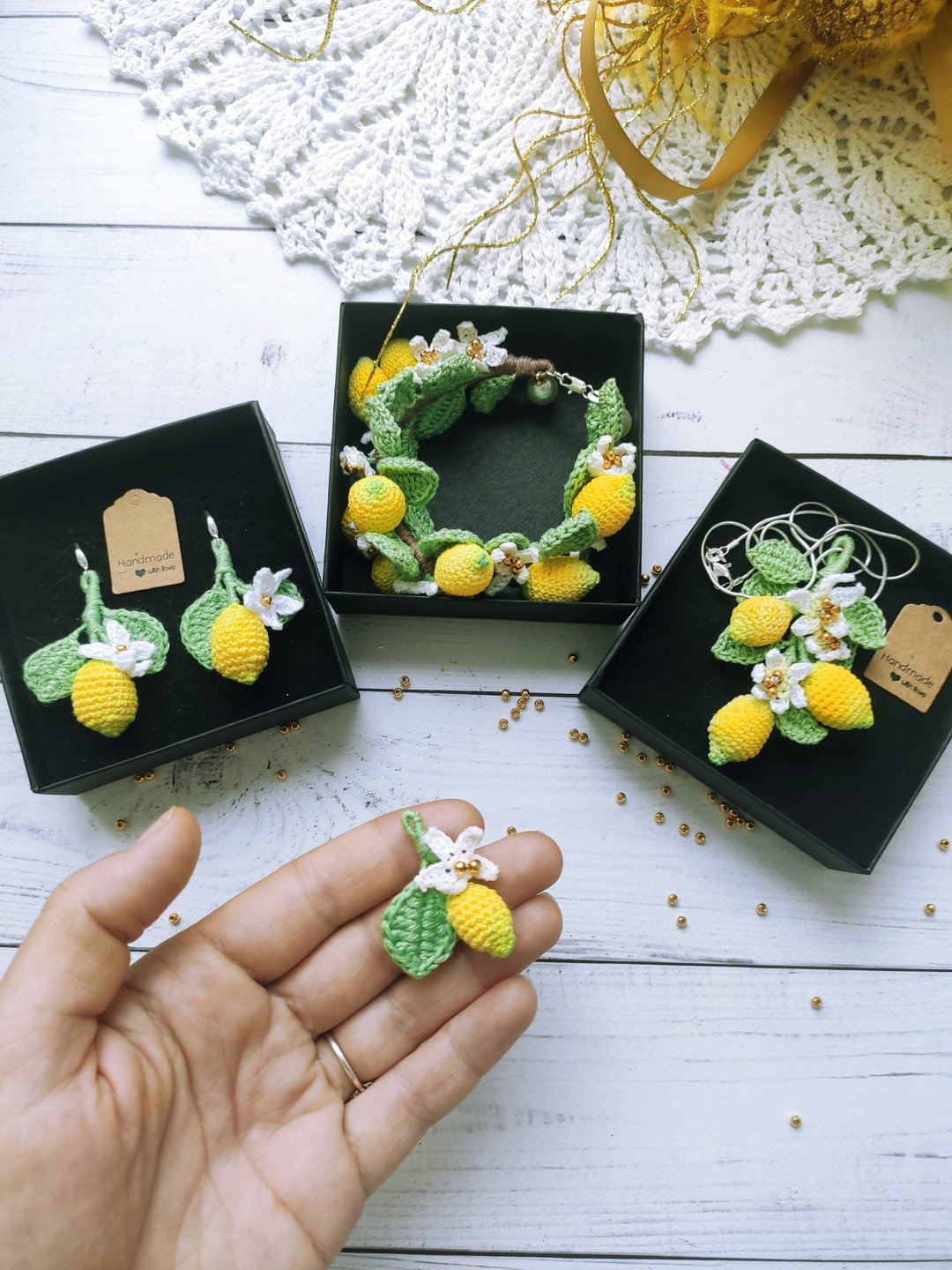 耳环 Lemon SET、吊坠 Lemon、手链 Lemon - 耳环/耳夹 - 棉 黄色