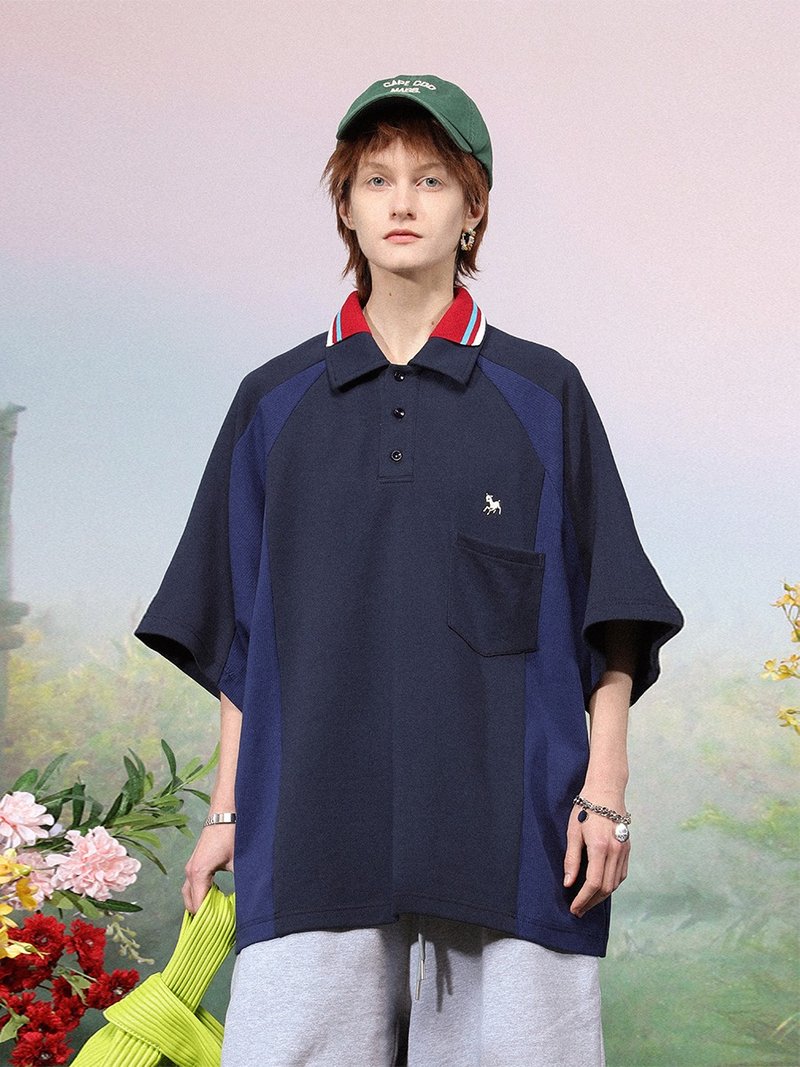 UNVESNO小羊刺绣拼接撞色插肩袖短袖Polo衫日系纯棉T恤 SWS-1535 - 男装上衣/T 恤 - 棉．麻 蓝色