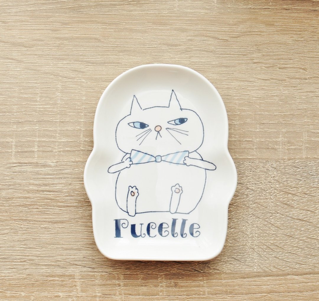 【加藤真治】Bonne nuit晚安系列造型碟 | Pucelle蓝领结猫咪 - 浅碟/小碟子 - 瓷 蓝色