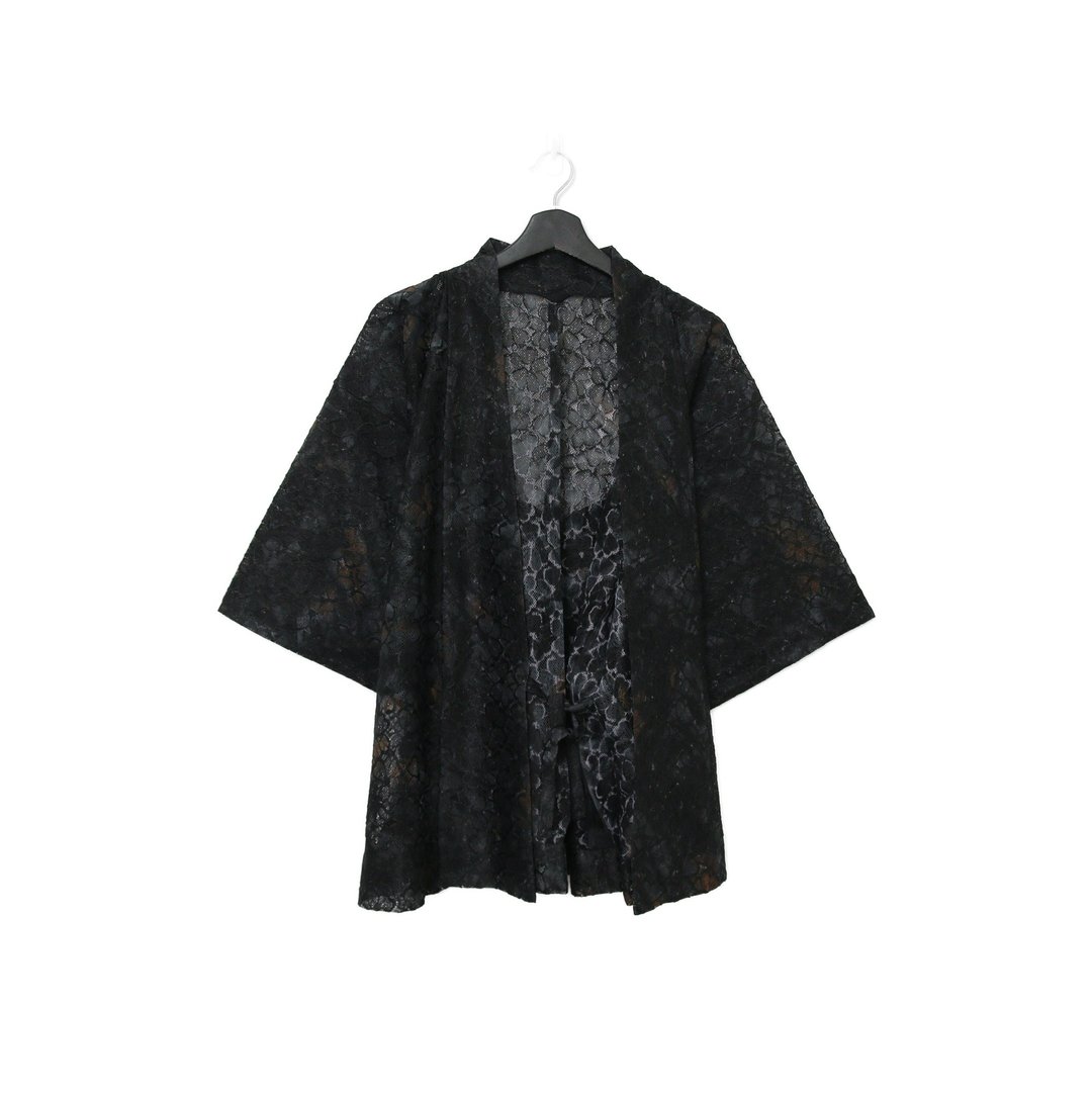 Back to Green-日本带回羽织 黑透肤 晕染花kt-15/vintage kimono - 女装休闲/机能外套 - 丝．绢 