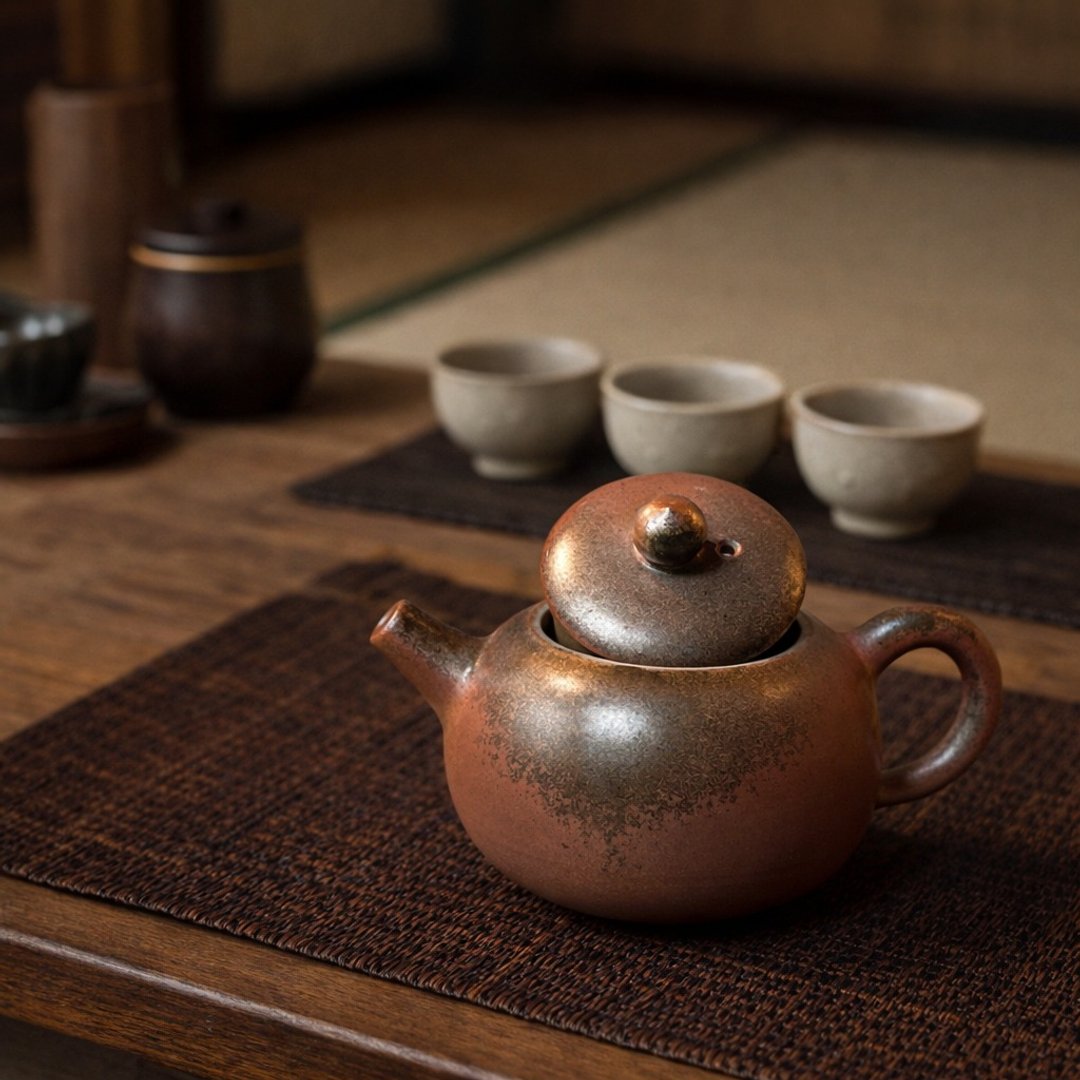 柴烧古朴落灰玫瑰金彩茶壶 / 小平凡手作 - 茶具/茶杯 - 陶 