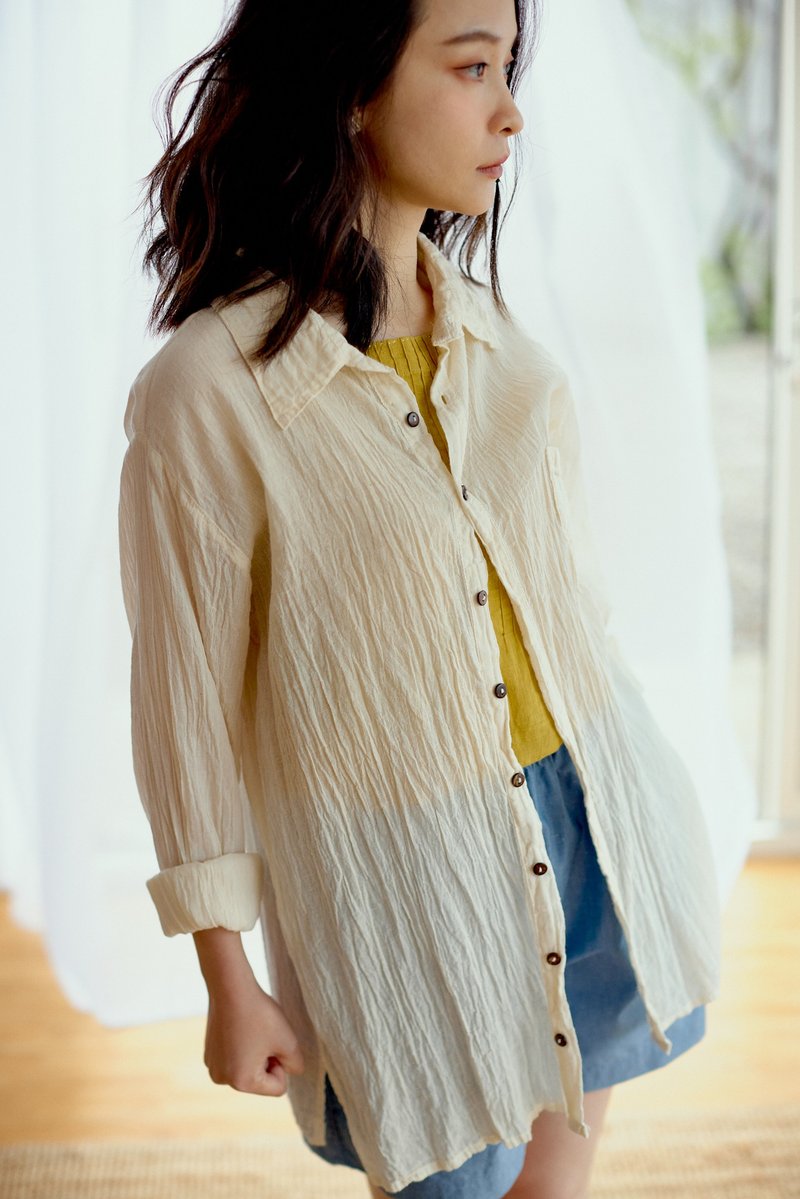 皱皱棉白衬衫外套 - 女装衬衫 - 棉．麻 白色