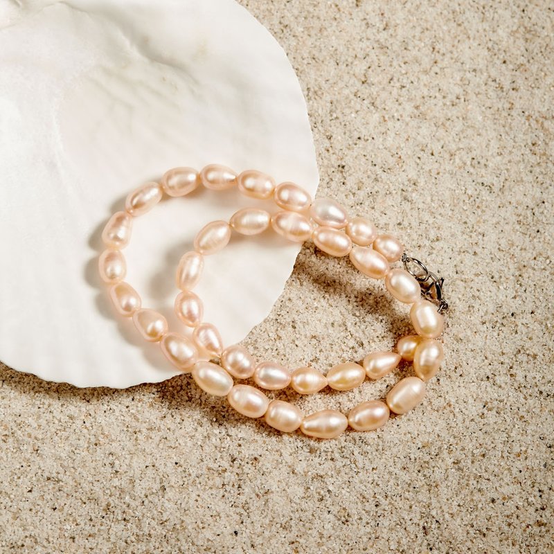天然粉色米型珍珠项链 7-8mm 日系简洁 情人节礼物 - 项链 - 珍珠 粉红色
