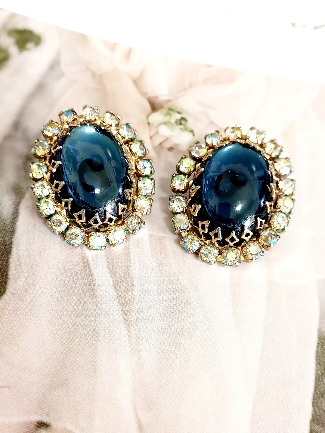 vintage jewelry  古典华丽蓝宝莱茵 夹式耳环 - 耳环/耳夹 - 其他金属 
