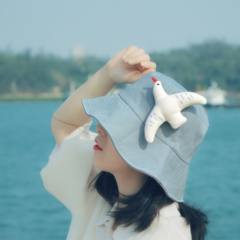 森系文艺飞鸟渔夫帽 春夏出游大檐防晒遮阳帽 休闲可收纳棉布帽子 - 帽子 - 棉 蓝色