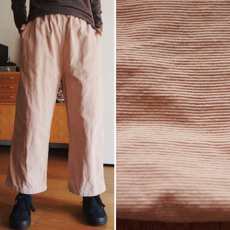 淺粉色細條紋 寬松休閒工裝褲 直筒褲 純棉燈芯絨長褲 自然腰 - 女装长裤 - 棉．麻 粉红色