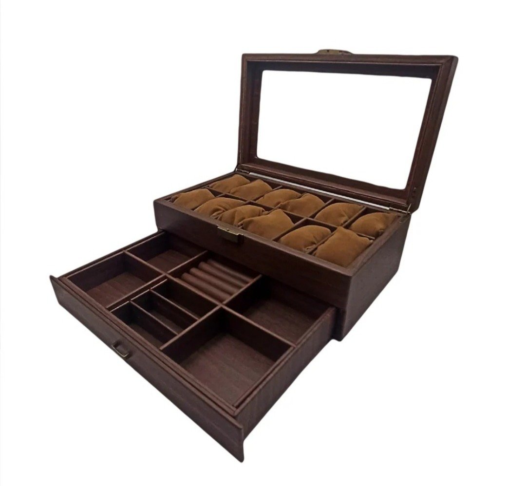 木纹 PU 皮手表收纳盒 (12 格) - 收纳用品 - 其他材质 咖啡色