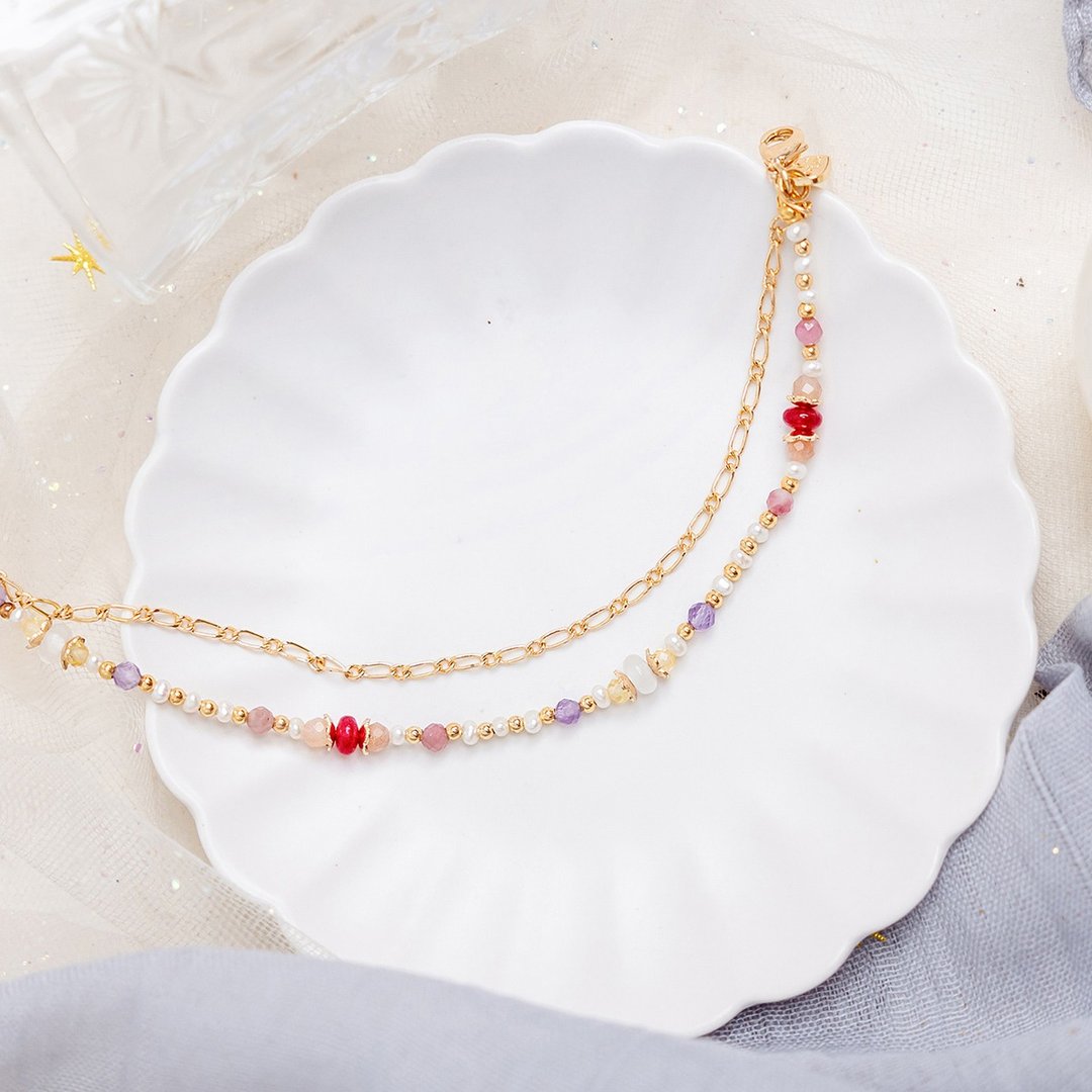 正能量 x 白玉 玛瑙 紫水晶【水瓶座 • 守护花 • 金鱼草】手链 - 手链/手环 - 宝石 红色