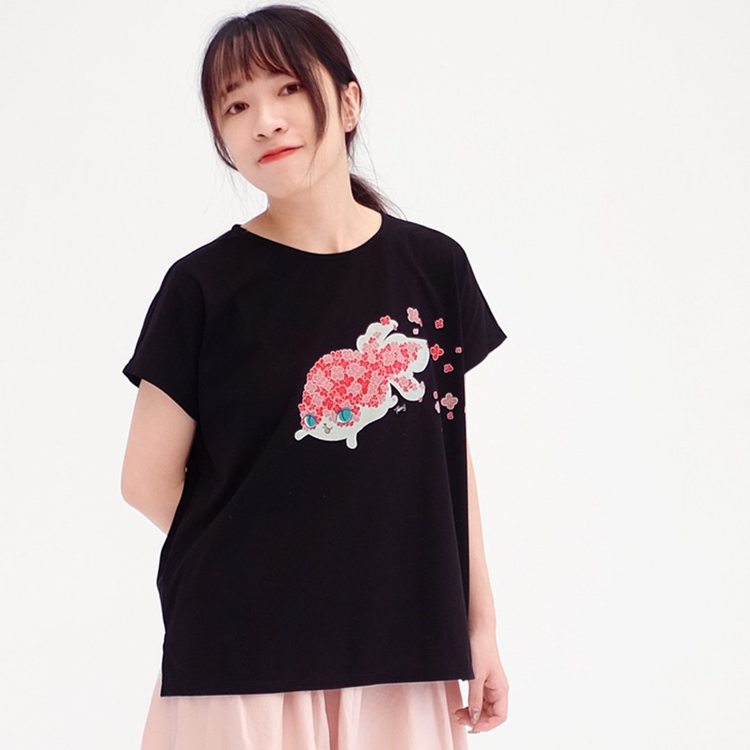 红色花海 - one size 短袖  金鱼 凉夏 - 女装 T 恤 - 棉．麻 黑色