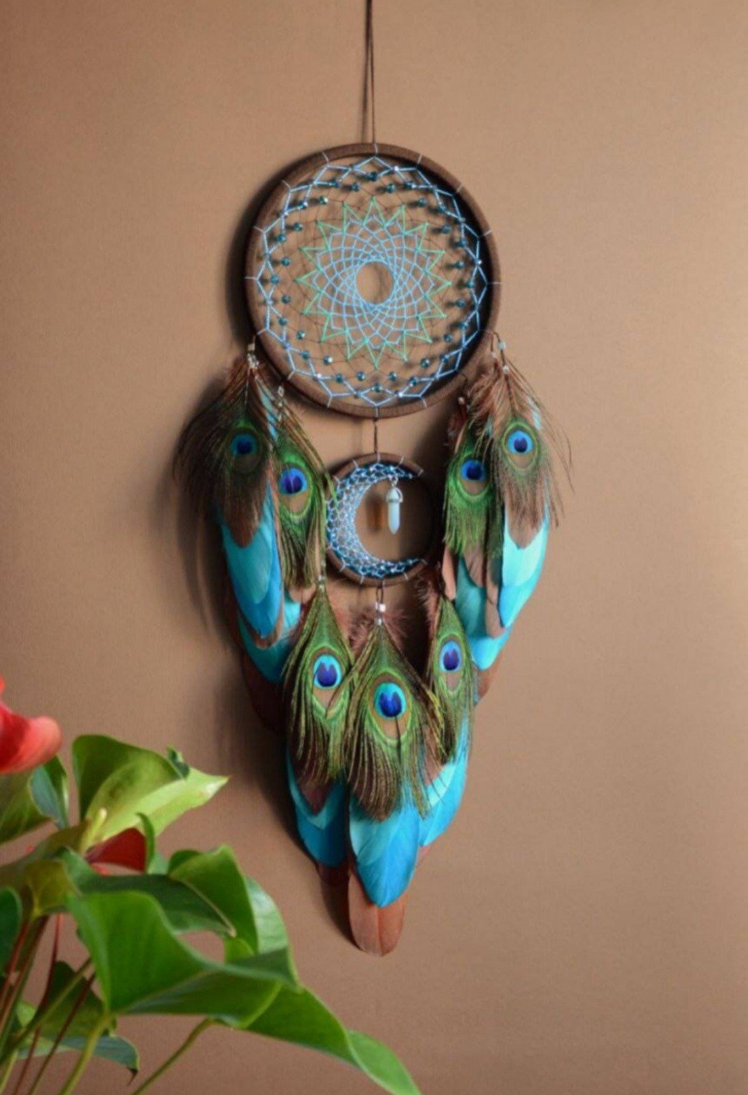 Large peacock crescent moon dream catcher with moonstone crystal ของขวัญนกยูง - 墙贴/壁贴 - 宝石 咖啡色