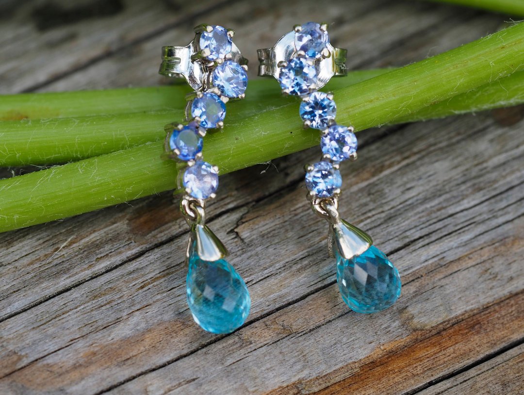 14k gold earrings with topazes and tanzanite. - 耳环/耳夹 - 贵金属 橘色