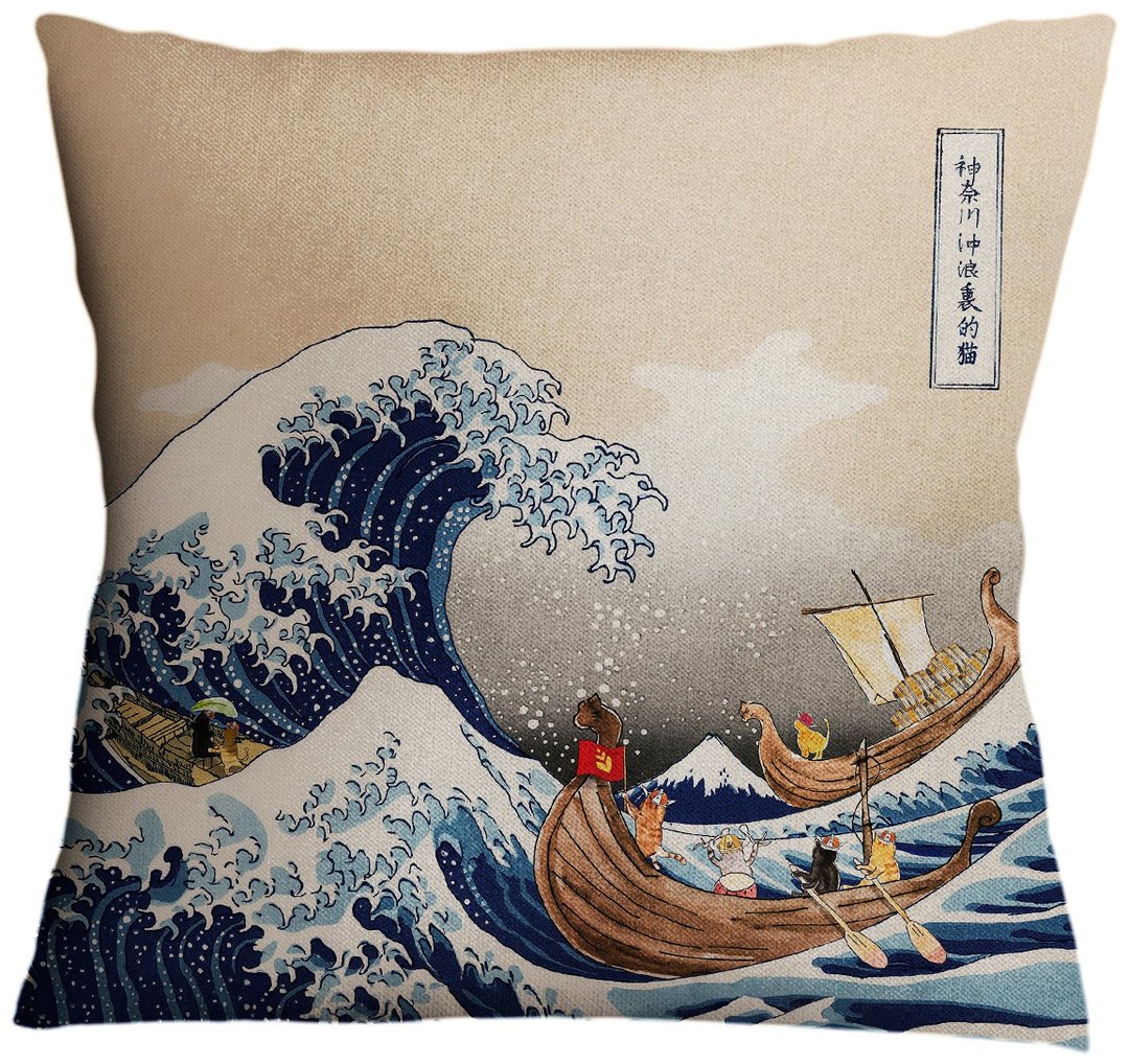 猫浮世绘-神奈川冲浪里的猫双面抱枕 - 枕头/抱枕 - 棉 