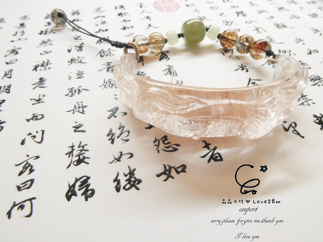 晶晶工坊*Love2hm 【九尾狐-半生雪】-铜钛晶半镯 和田玉黑金超七 - 手链/手环 - 宝石 金色