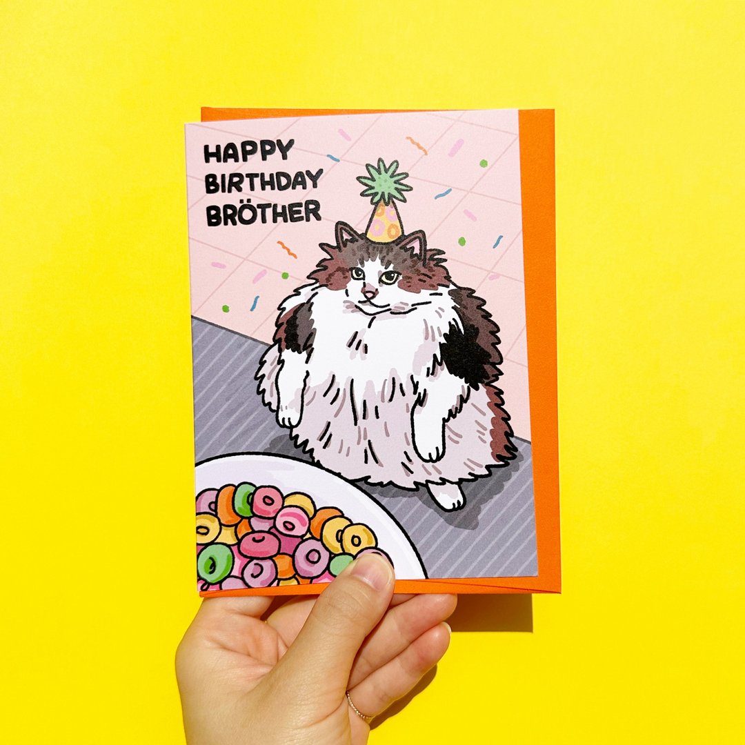 生日卡 搞笑 卡通猫迷因 Happy Birthday Brother Loops 肥猫卡片 - 卡片/明信片 - 纸 