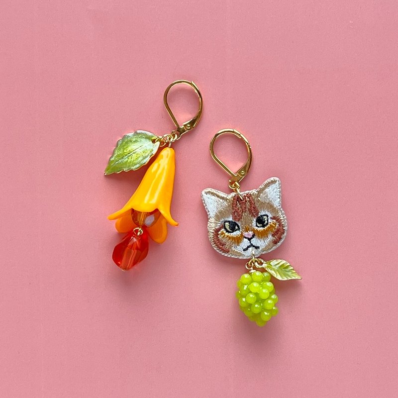 专注凝视着你的猫咪“コロ介”耳饰 - 耳环/耳夹 - 绣线 橘色