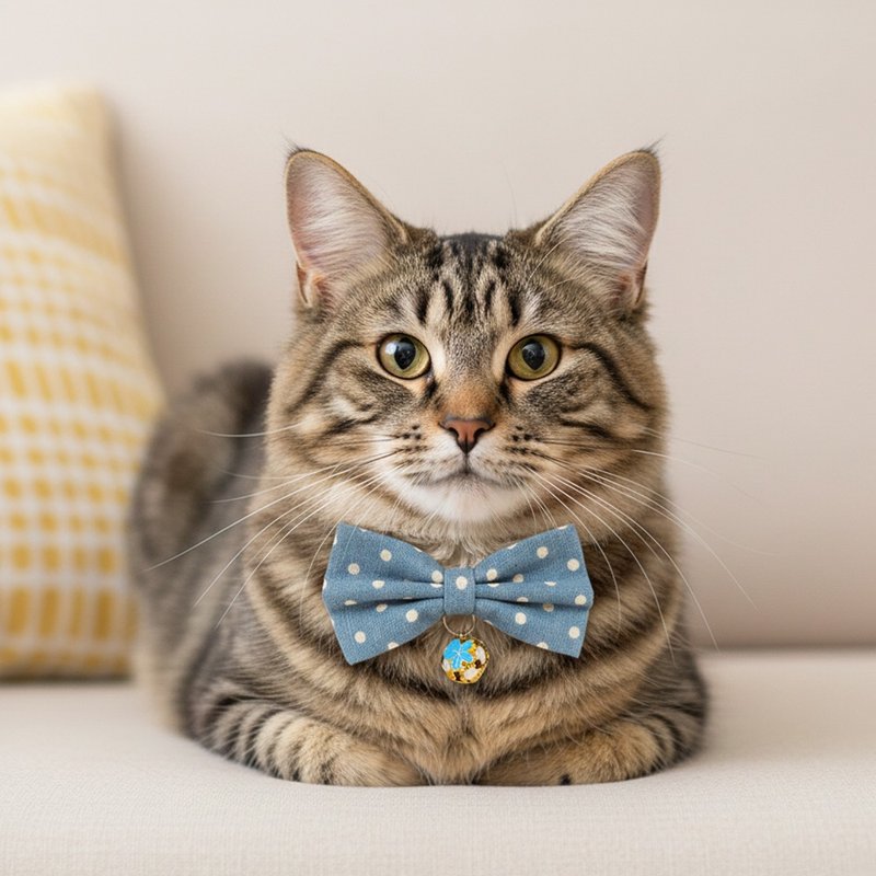 天空蓝点点款 猫咪 迷你犬 小型犬 蝴蝶结装饰项圈 - 项圈/牵绳 - 棉．麻 蓝色