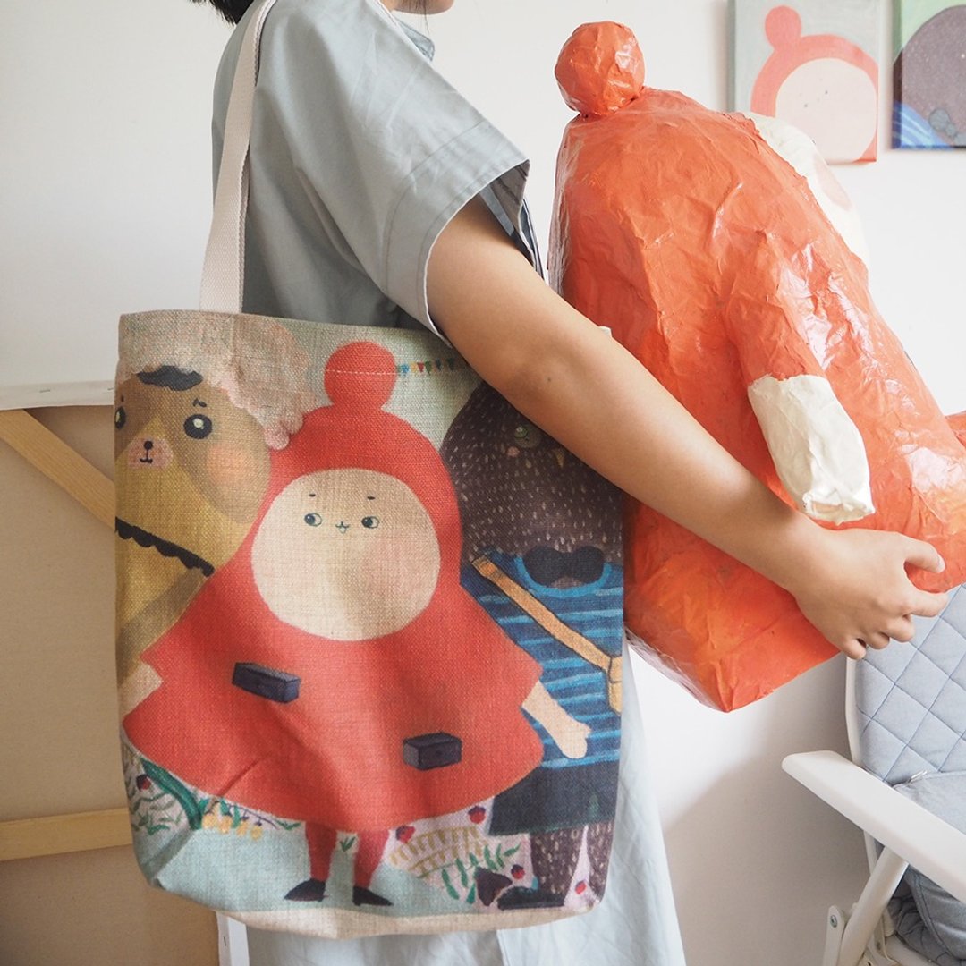 抱抱/肥肥三兄弟/棉麻单肩包/环保袋/购物包/油画包/totebag - 侧背包/斜挎包 - 棉 橘色