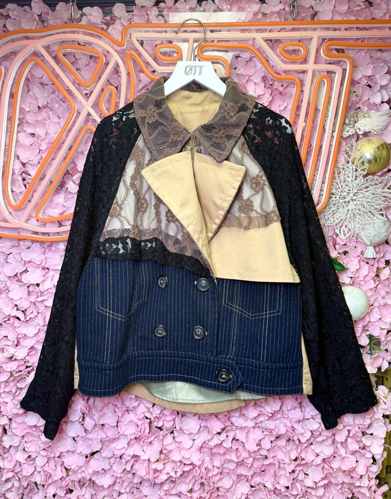 OTT独一无二•Unique日系撞色蕾丝条子绒假两件干湿褛外套 - 女装休闲/机能外套 - 羊毛 卡其色