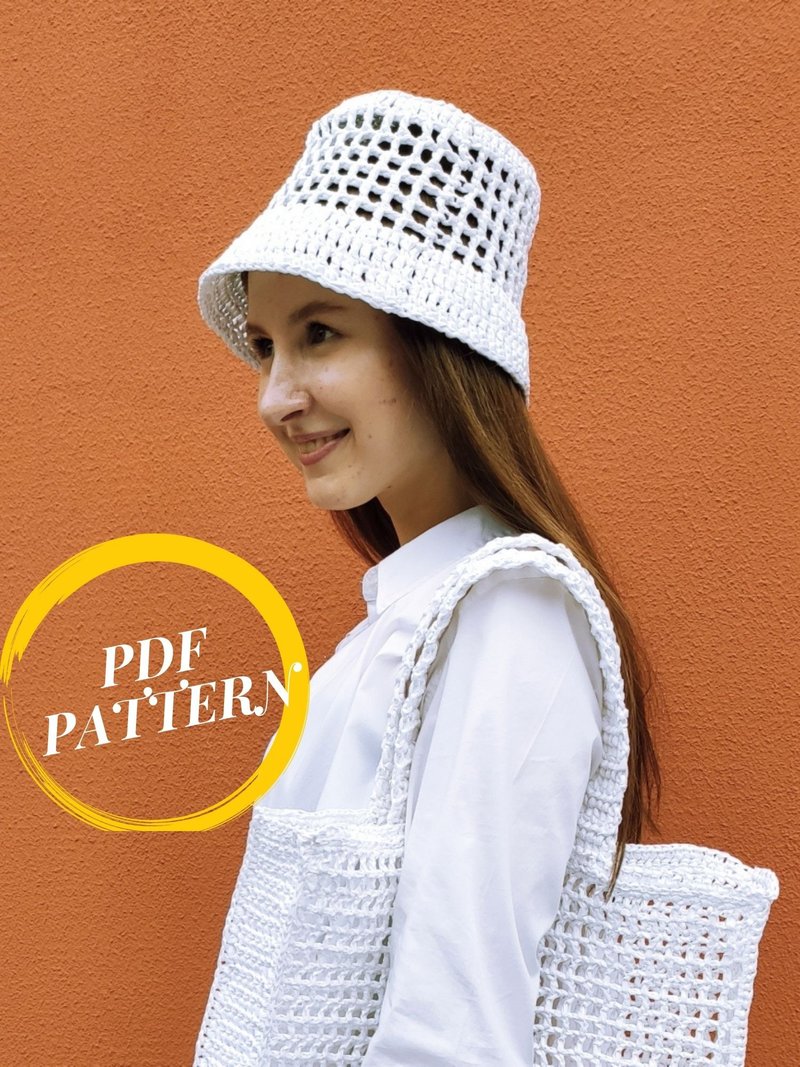 渔夫帽钩针图案 PDF 拉菲草渔夫帽 钩针拉菲草遮阳帽 草帽 - 编织/刺绣/羊毛毡/裁缝 - 环保材料 白色