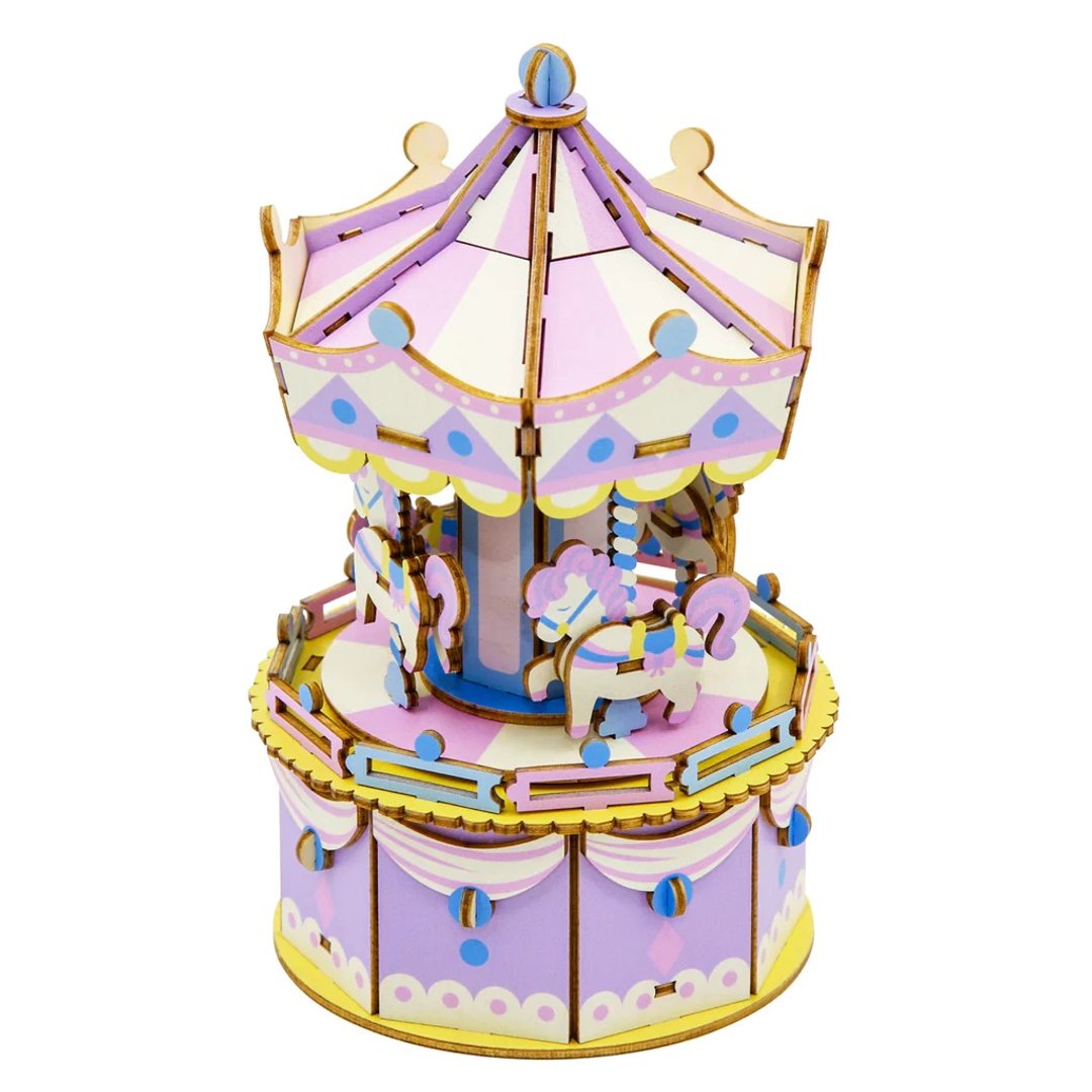Jigzle 3D 木拼图 音乐盒  - 游乐场回旋木马 - 拼图 - 木头 粉红色