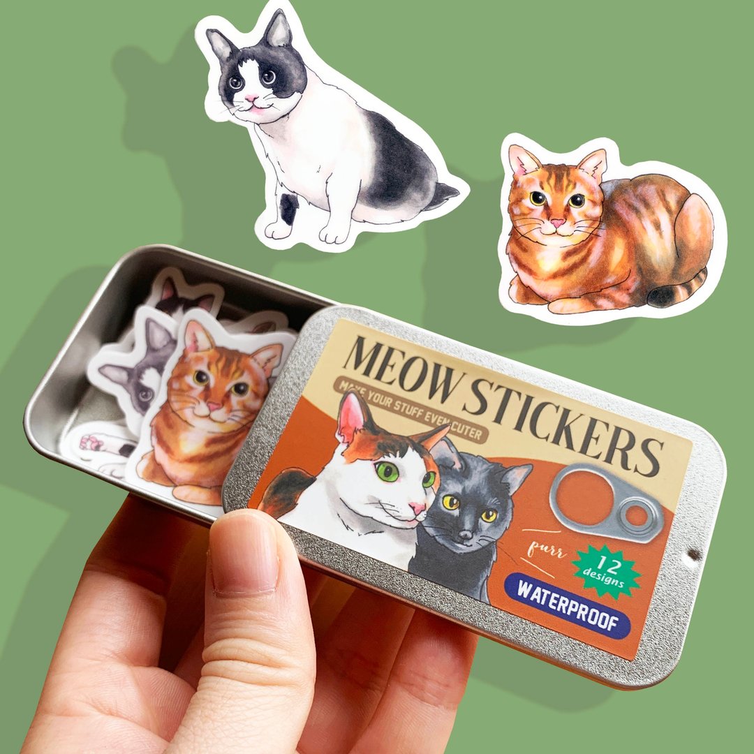 猫猫好伙伴 - 透明贴纸罐头 / 12张组 - 贴纸 - 防水材质 绿色