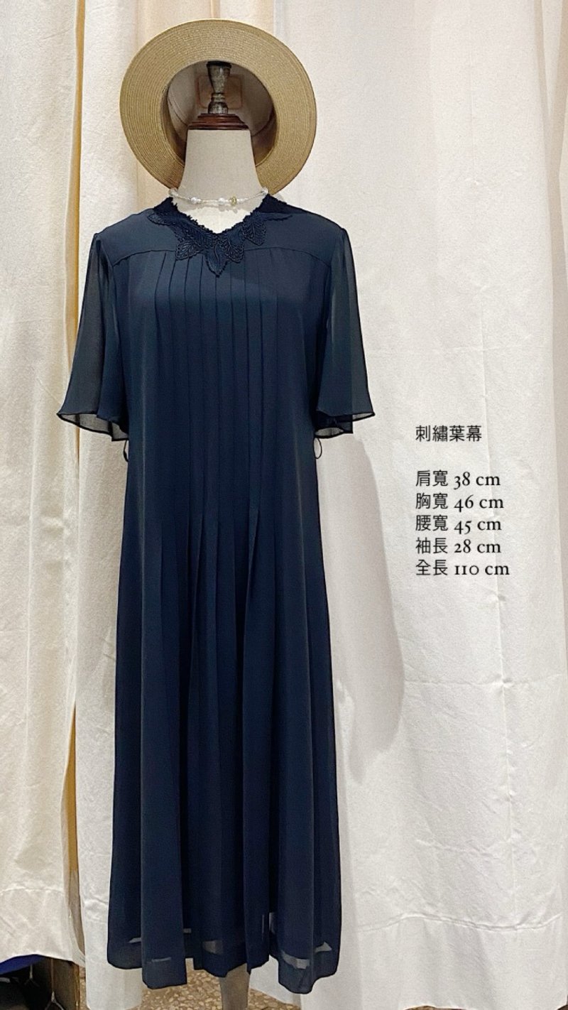 刺绣叶幕黑色古着洋装 - 洋装/连衣裙 - 聚酯纤维 黑色