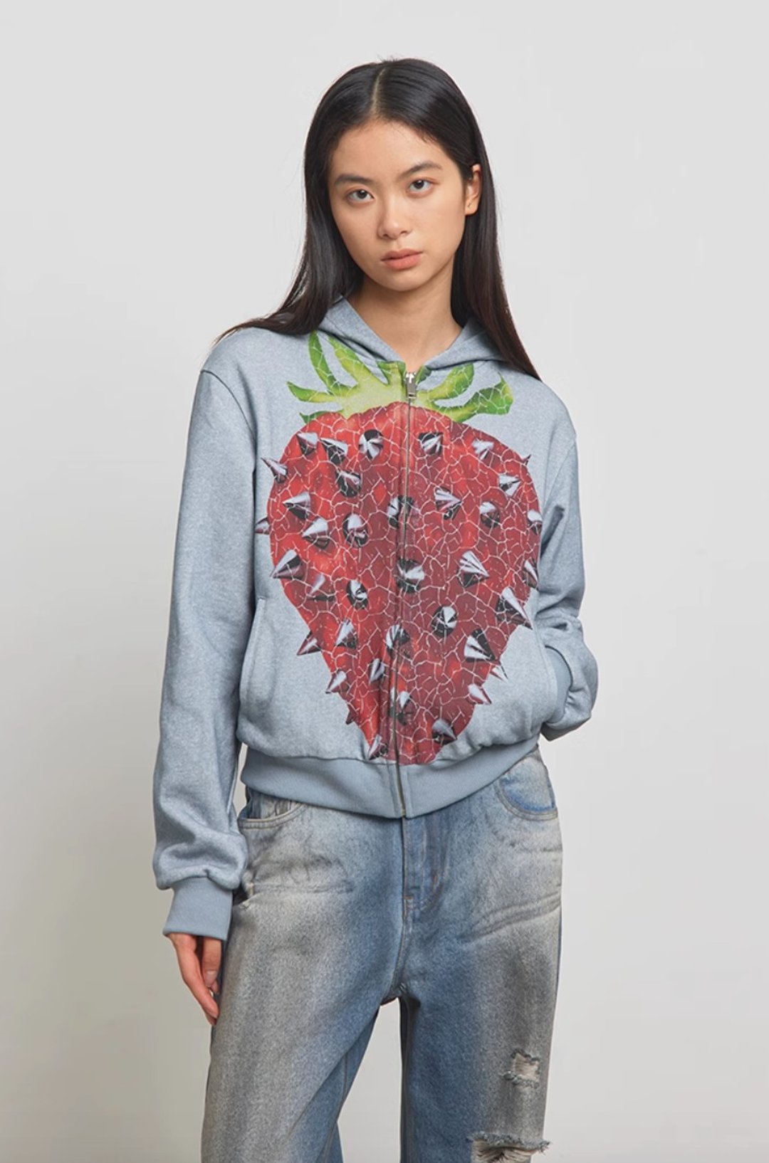 Punk Strawberries Hoodie 朋克草莓裂纹印花短款卫衣 - 中性连帽卫衣/T 恤 - 其他材质 蓝色