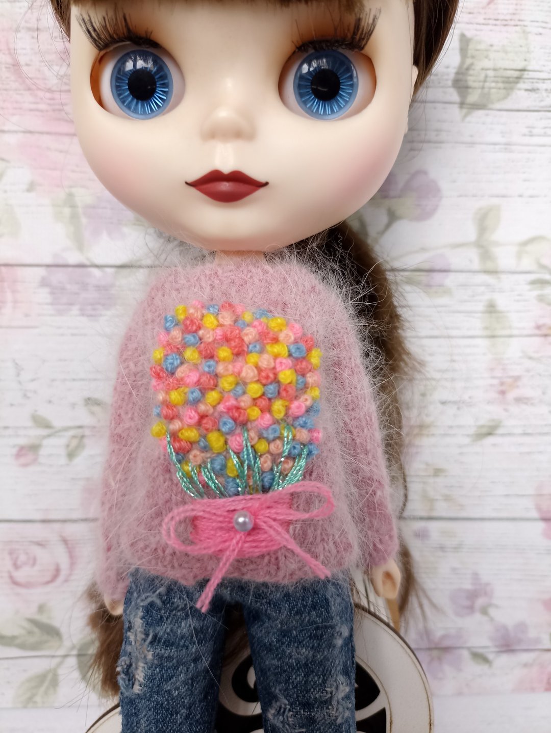Pink sweater with embroidery for Blythe, Neo Blythe, Pullip. Clothes for Blythe - 玩偶/公仔 - 羊毛 粉红色