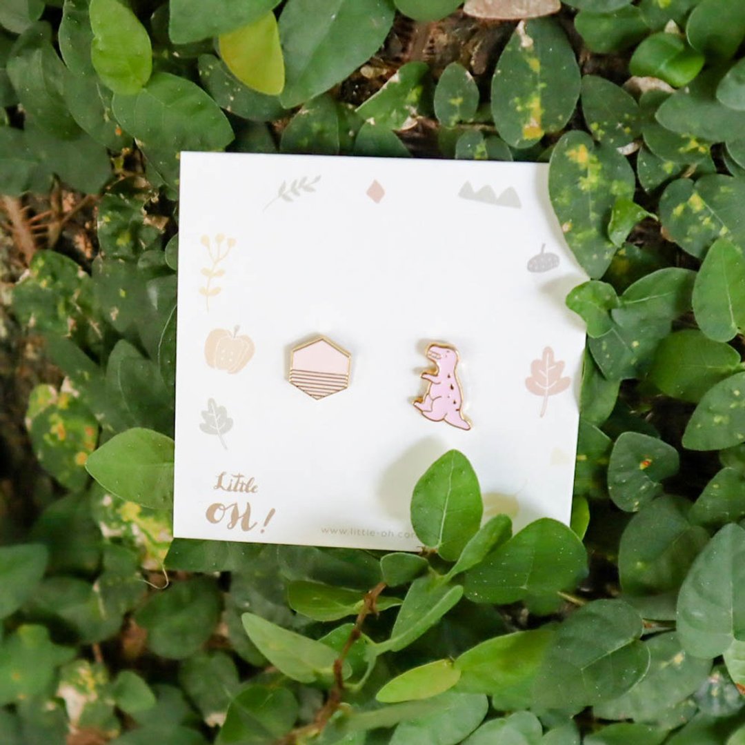 粉色暴龙 几何六角 夹式耳环 - 耳环/耳夹 - 珐琅 粉红色