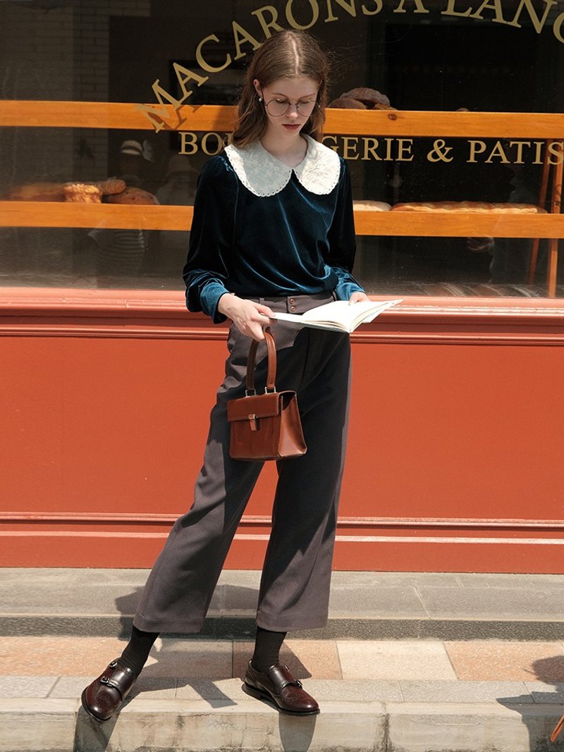 MintCheese 法式古典少女感 深海蓝丝绒娃娃领上衣衬衫 - 女装上衣 - 聚酯纤维 蓝色