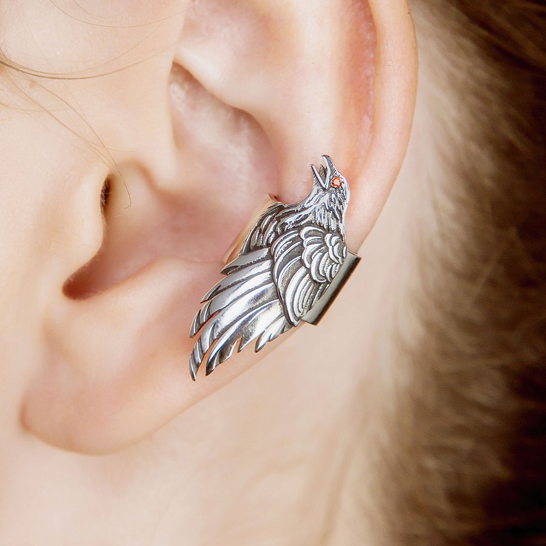 Raven ear cuff silver, craw ear bone earring - 耳环/耳夹 - 纯银 银色