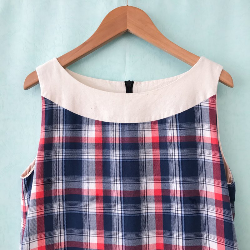 …｛橡子女孩::古着洋装｝三色格纹圆领无袖洋装 - 洋装/连衣裙 - 棉．麻 蓝色