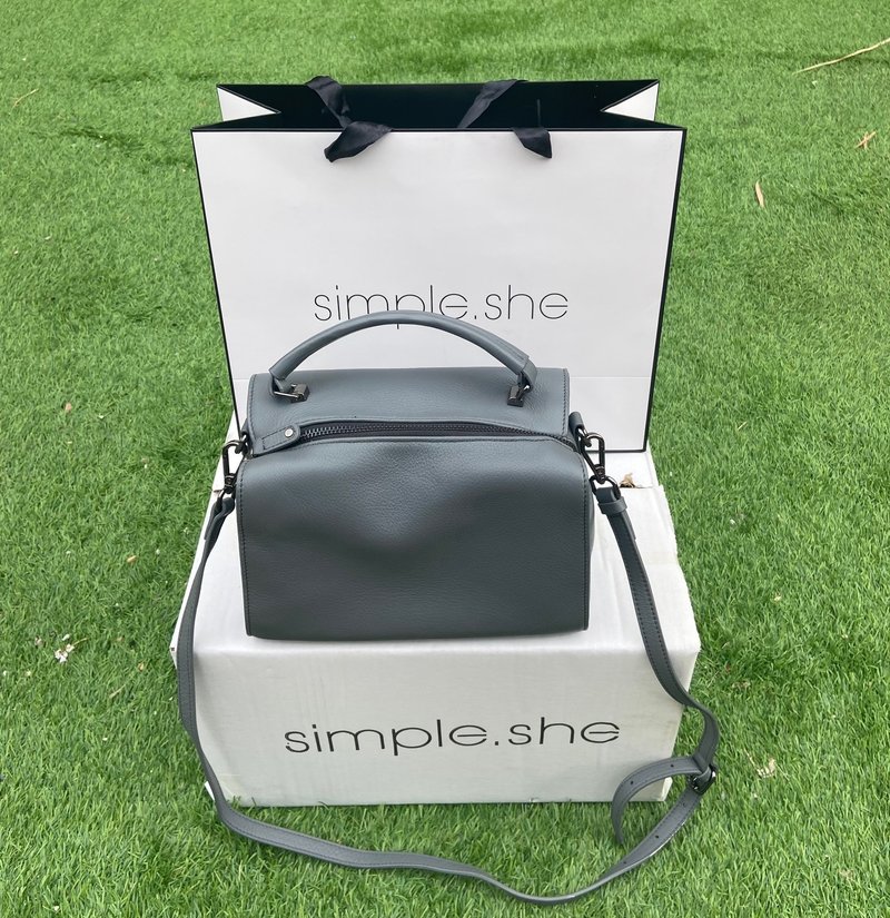 simple.she 真皮拉链小方包手提侧背包手袋 深灰/深蓝色 - 手提包/手提袋 - 真皮 灰色
