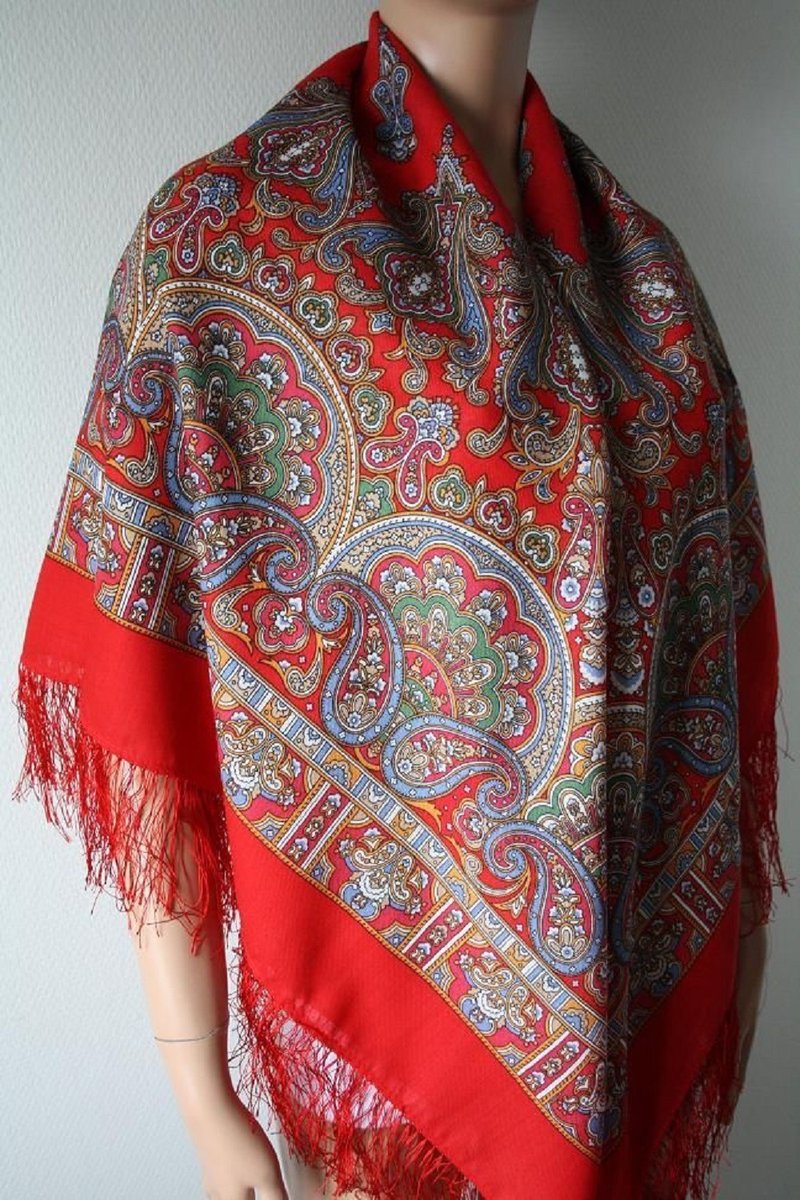 Pavlovo Posad 俄罗斯披肩 100% 羊毛围巾 125x125 厘米包裹式丝绸流苏 1581-5 - 围巾/披肩 - 羊毛 红色