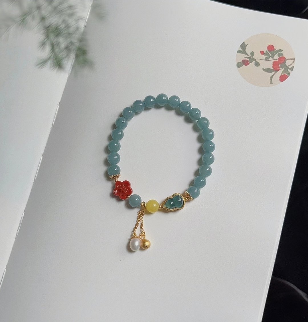 天然A货翡翠蓝水单圈设计款  蓝水翡翠圆珠搭配南红花翡翠葫芦 - 手链/手环 - 玉石 
