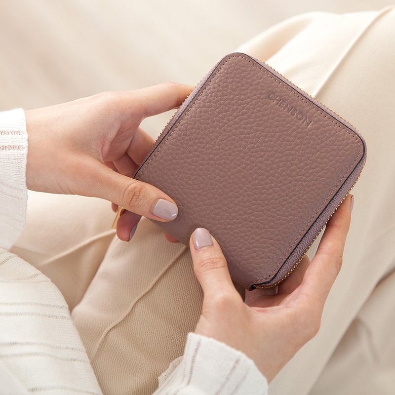CHENSON真皮小方砖5卡加大尺寸短夹 豆沙紫(W20333-U) - 皮夹/钱包 - 真皮 紫色