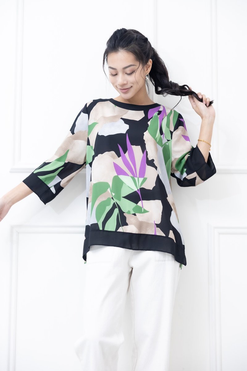 卡其方块紫叶绿草雪纺上衣 黑色 - 女装上衣 - 其他材质 黑色