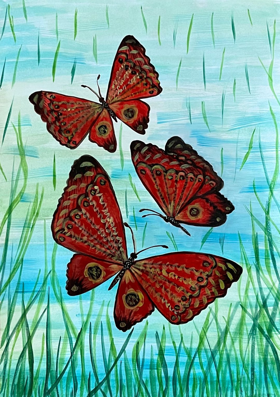 Openwork butterflies in green grass. Watercolor. - 墙贴/壁贴 - 纸 