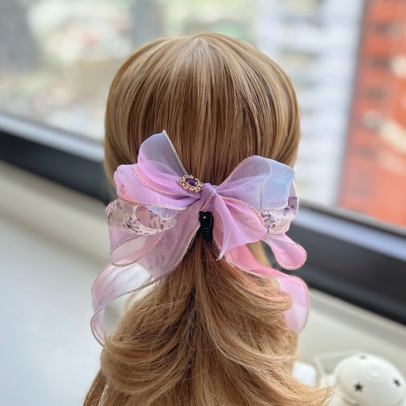 独家立体纱质蝴蝶结相交夹香蕉夹仙女夹发夹-粉紫渐层 - 发饰 - 其他材质 紫色