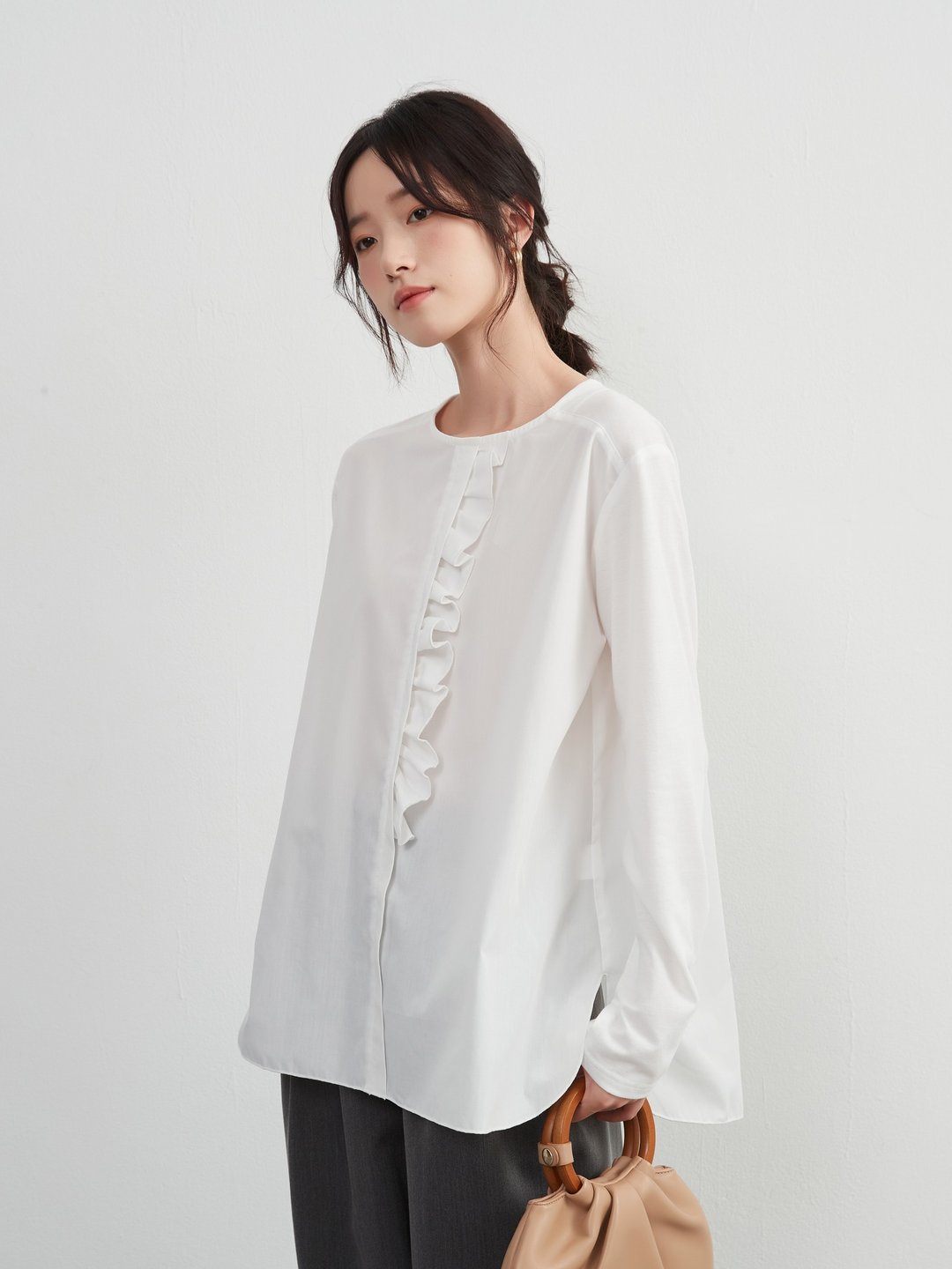 荷叶边门襟拼接套头衫・长袖衬衫・春秋经典上衣 - 女装衬衫 - 其他材质 白色