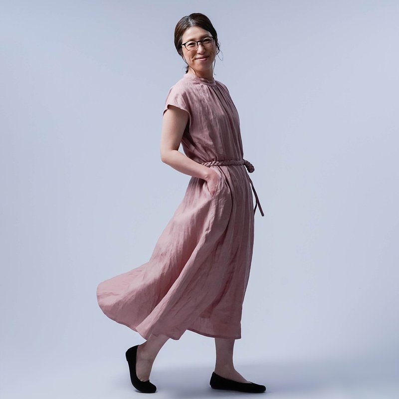 wafu - 純亞麻 連身裙 Lightweight Linen A-line Dress / Thulian Pink a019f-sok1 - 洋装/连衣裙 - 棉 粉红色