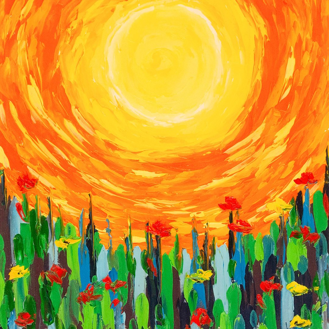 夕阳花田油画 原创手绘墙面艺术 明亮花卉作品 - 墙贴/壁贴 - 棉 多色