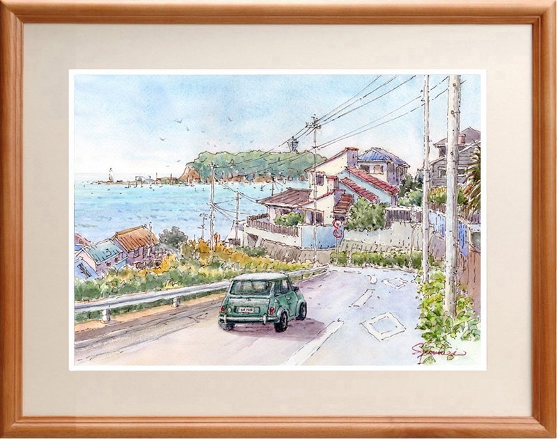 水彩画原画 江之岛与七里滨高台 - 海报/装饰画/版画 - 纸 蓝色
