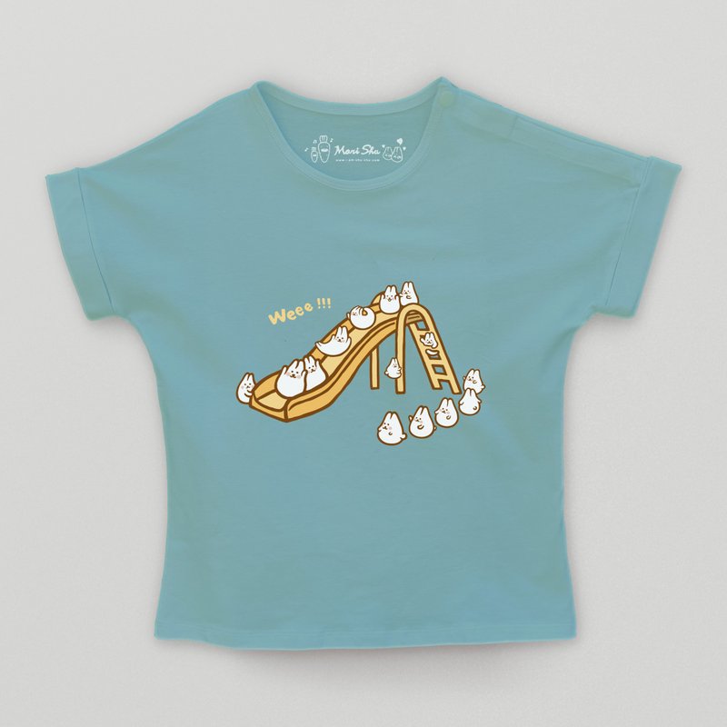 Kid-麻糬兔溜滑梯小孩T-shirt (莫兰绿) - 童装上衣 - 棉．麻 绿色