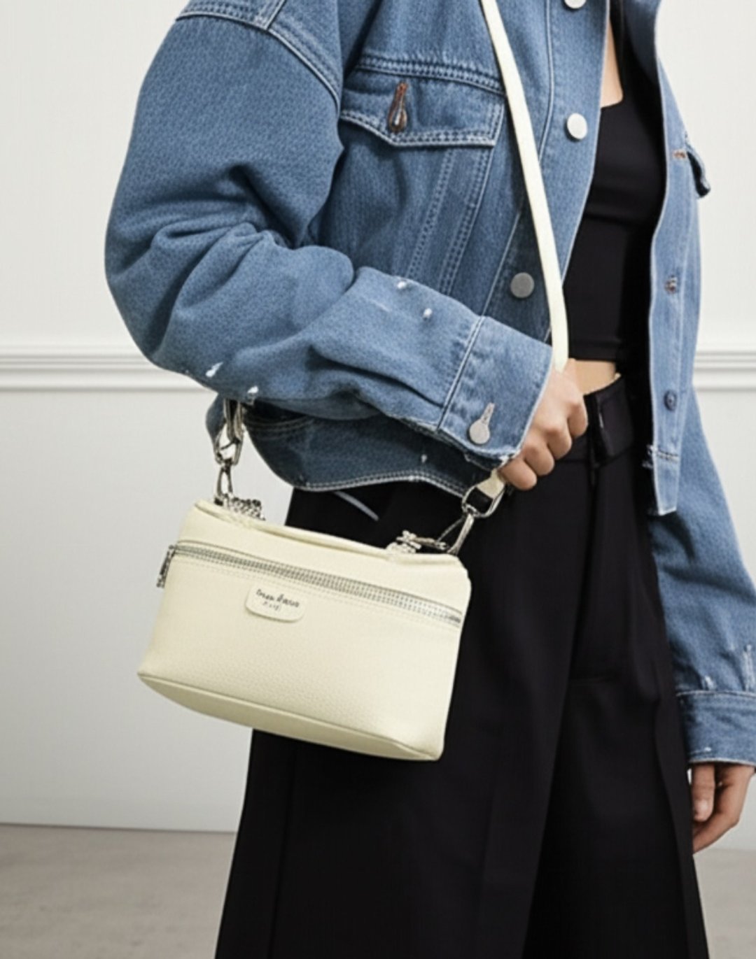 Tosca | Shiroi Zipper Bag - 卡套 斜孭包 手袋 手提袋 - 白 - 侧背包/斜挎包 - 真皮 黑色